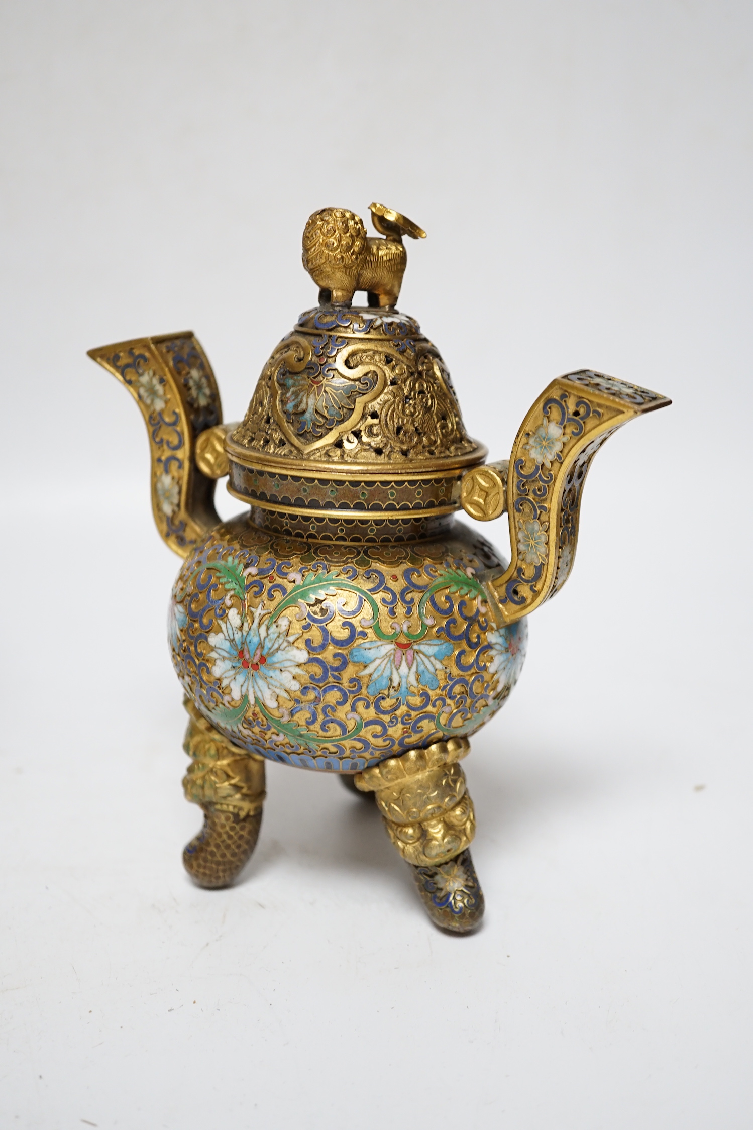 A Chinese cloisonné enamel censer and cover, a tea box containing four tea tins, and a Japanese lacquer and chain mail gauntlet/glove front, censor 18cm high